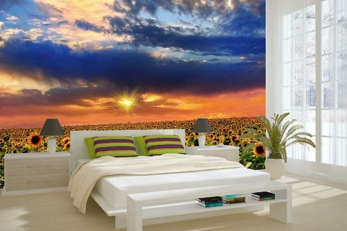 Vlies Fototapete - Sonnenblumen im Sonnenuntergang 375 x 250 cm